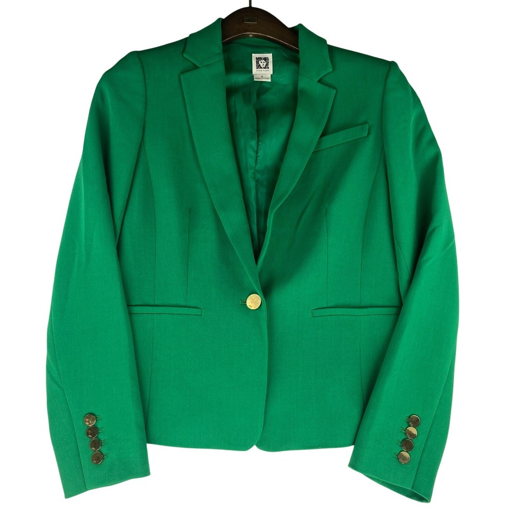 Anne Klein Green Blazer Women Size 6 Gold Button Tailored Career Office Preppy‎